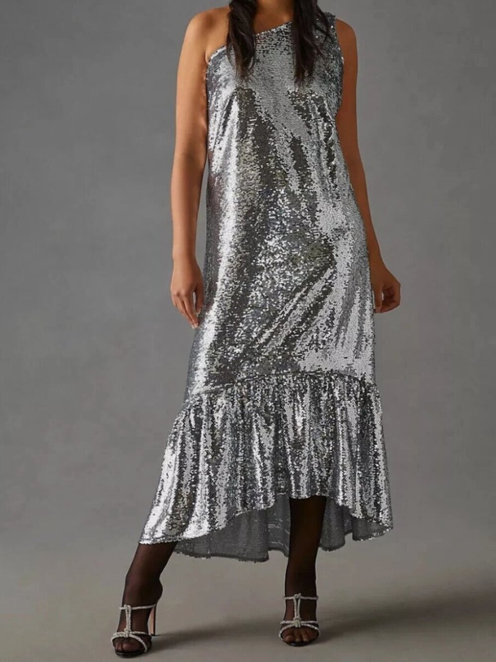 NWT Maeve Anthropologie Silver Sequin One-Shoulder Asymmetrical Midi Dress XS